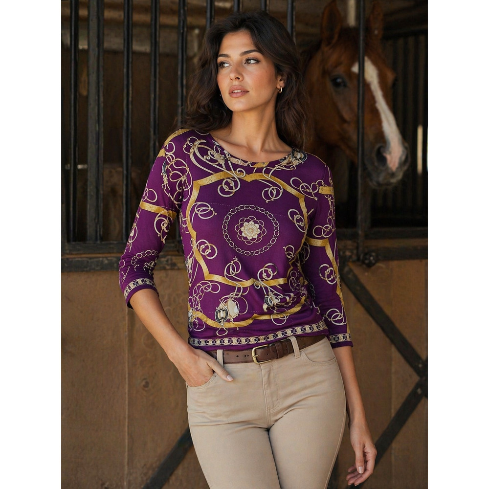 J McLaughlin Signature Tee Equestrian Print Preppy Quiet Luxury Stretch Top M